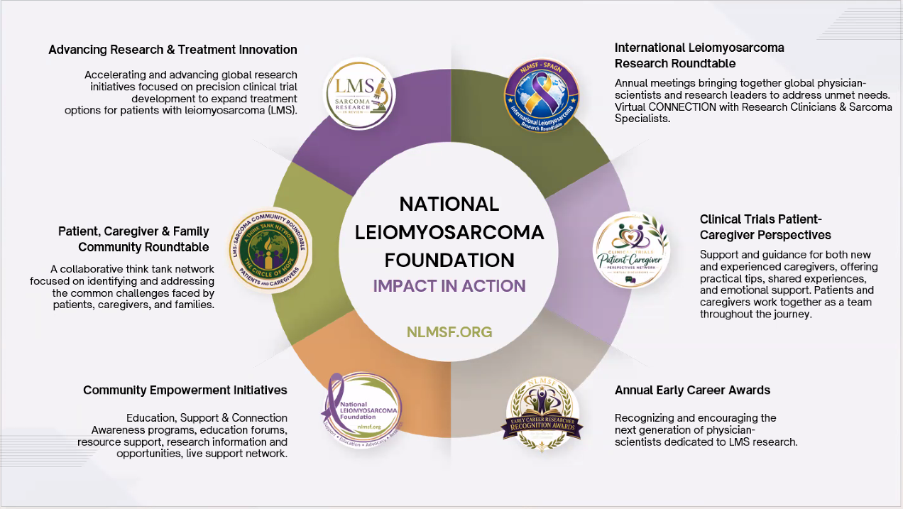 NLMSF Impact in Action infographic showing six foundation initiatives: advancing research and treatment innovation, the International Leiomyosarcoma Research Roundtable, Clinical Trials Patient-Caregiver Perspectives, Annual Early Career Awards, Community Empowerment Initiatives, and the Patient Caregiver and Family Community Roundtable